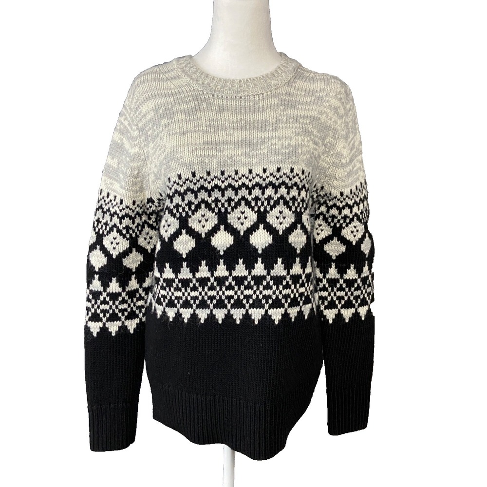 Banana Republic Sweater‎ Womens M Black Gray Fair Isle Crewneck Pullover Italian